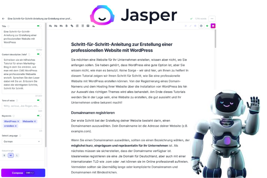 Screenshot von Jasper.AI mit Logo und Roboter